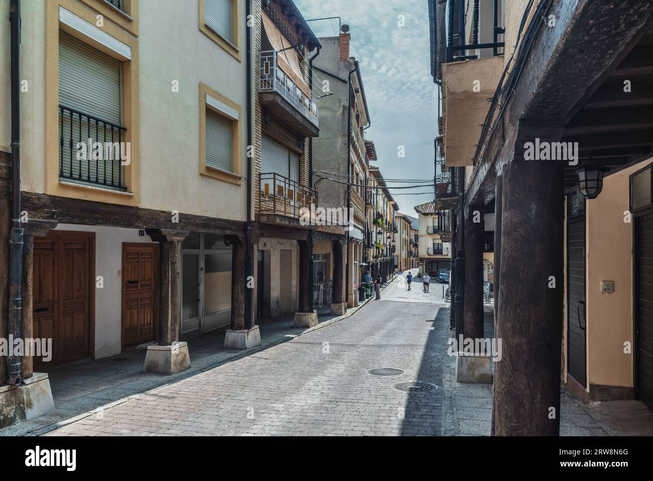 Porticoed galleries on both sides of the Calle Mayor of San Esteban de Gormaz town and municipality in the province of Soria Castile and Leon, Spain. Stock Photo