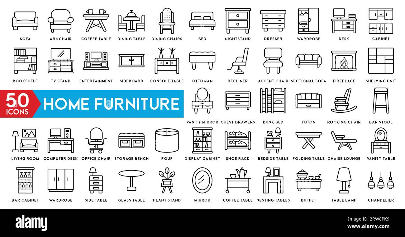 home furniture icon set. Home interior, linear icons. Piece of furniture for the living room, bedroom, office, workplace, children's room and kitchen. Stock Vector