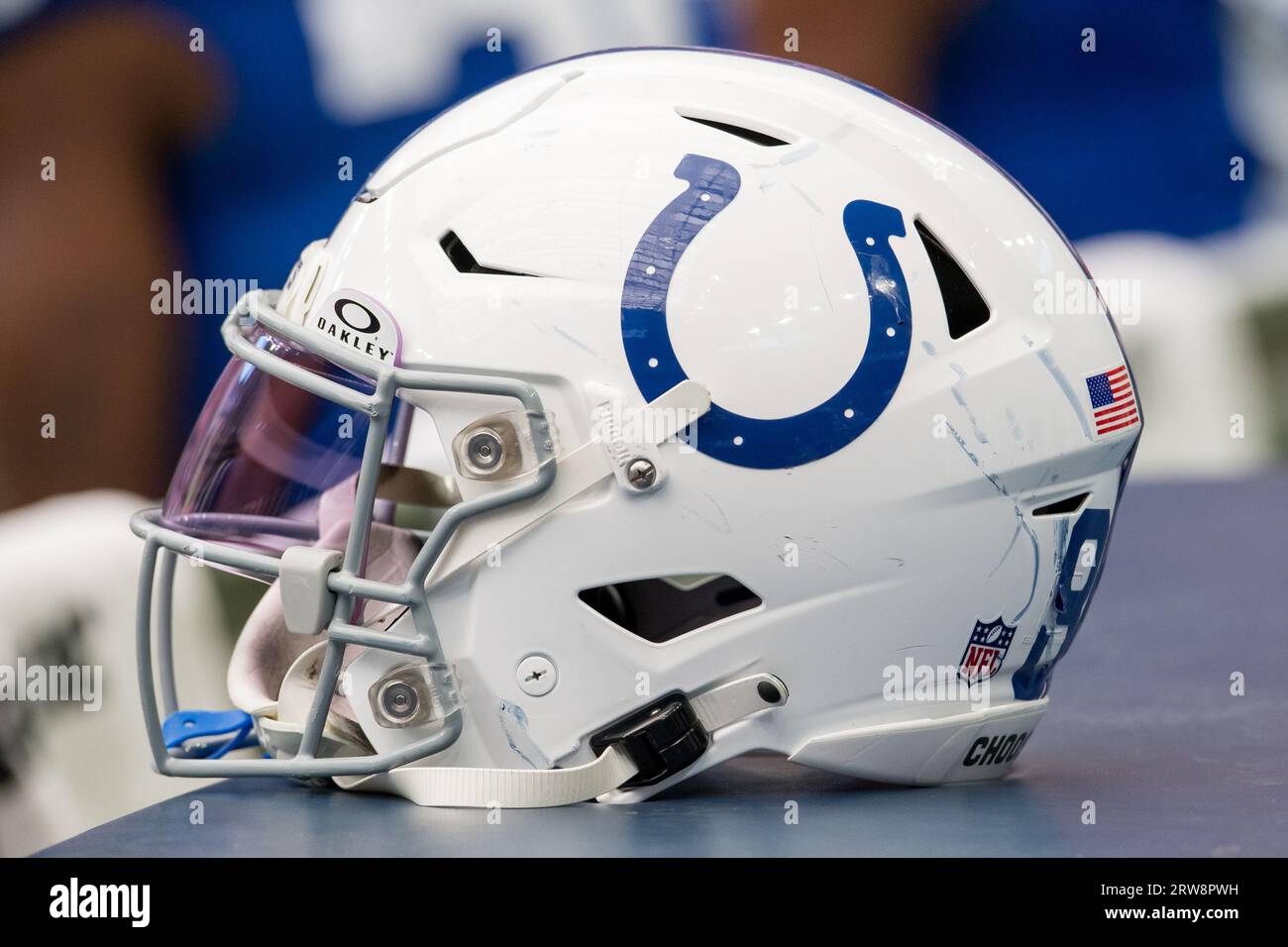 Houston, TX. December 5, 2021: An Indianapolis Colts helmet sits