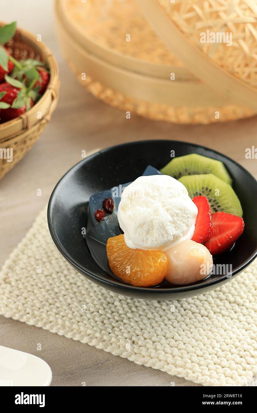 Japanese Sweet Dessert Shiratama Anmitsu with Vanilla Ice Cream Topping Stock Photo