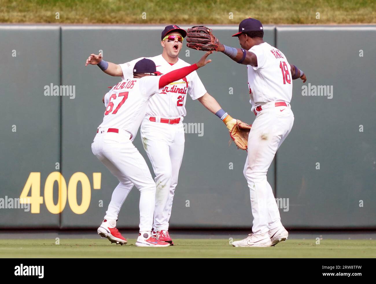 St. Louis, United States. 19th July, 2023. St. Louis Cardinals Nolan Gorman  (L) is congratulated at home plate by Lars Nootbaar after hitting a three  run home run in the first inning