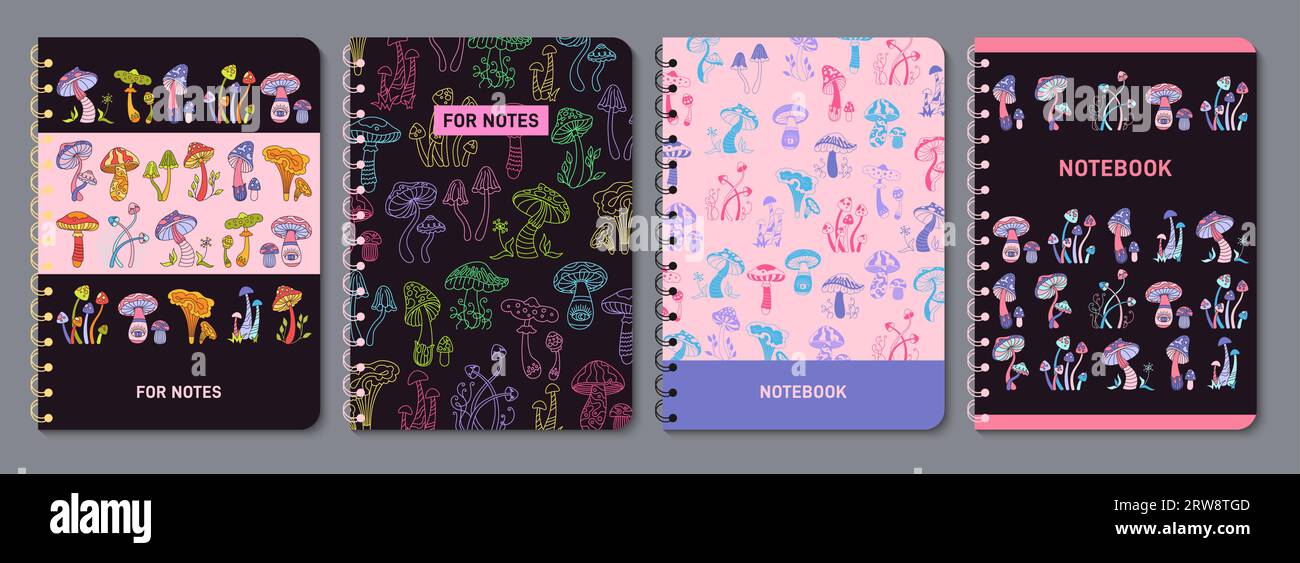 Mushrooms stylizes retro notebook cover set. Poisonous psychedelic