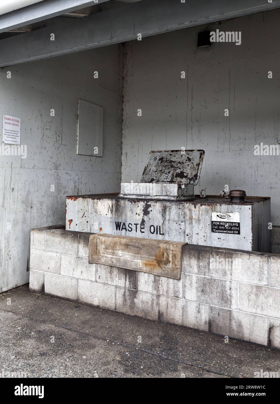 Container holding used 'marine' engine oils to be recycled, Charleston