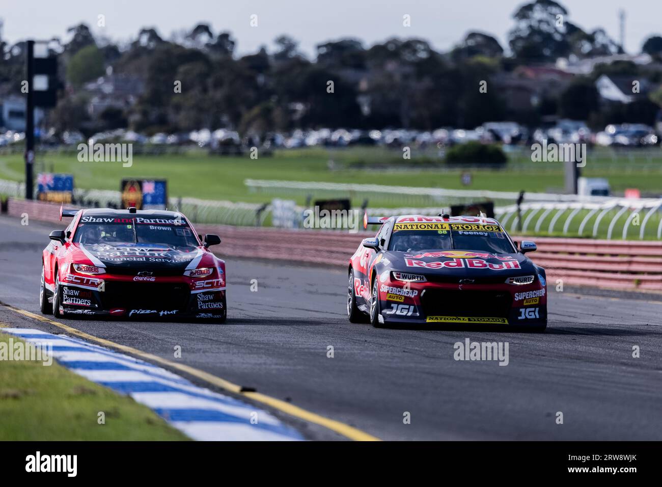 Melbourne, Australia, 17 September, 2023. Race leader Broc Feeney (88) driving Chevrolet Camaro ZL1-1LE for Red Bull Ampol Racing and Triple Eight Race Engineering manages to stay ahead of Will Brown (9) driving Chevrolet Camaro ZL1-1LE for Coca-Cola Racing and Erebus Motorsport during Repco Supercars Championship at the Penrite Oil Sandown 500 at the Sandown International Raceway on September 17, 2023 in Melbourne, Australia. Credit: Santanu Banik/Speed Media/Alamy Live News Stock Photo