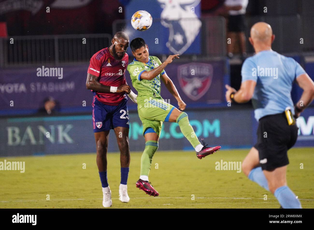 Frisco, Texas, USA: Sebastian Ibeagha (Dallas) and Raul Ruidiaz (Seattle) battle for the header during the MLS game between FC Dallas and Seattle Sounders FC played at Toyota Stadium on Saturday September 16, 2023. (Credit Image: © Javier Vicencio/eyepix via ZUMA Press Wire) EDITORIAL USAGE ONLY! Not for Commercial USAGE! Stock Photo