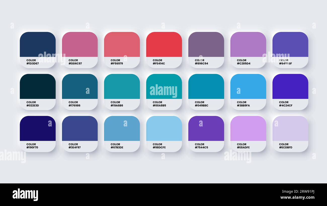 Color Palette, Colour Swatches in RGB, HEX Colors, Bright Colour in HEX Codes Catalog, Paint Palette, Colorful Tones Stock Vector