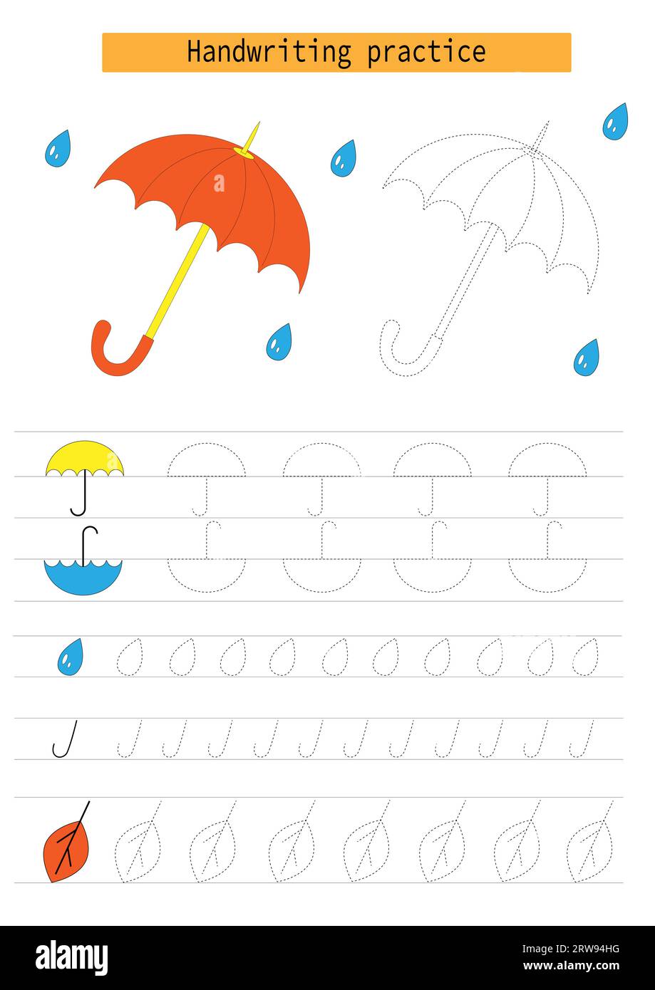 Line tracing for children, umbrella, raindrops, leaf, autumn