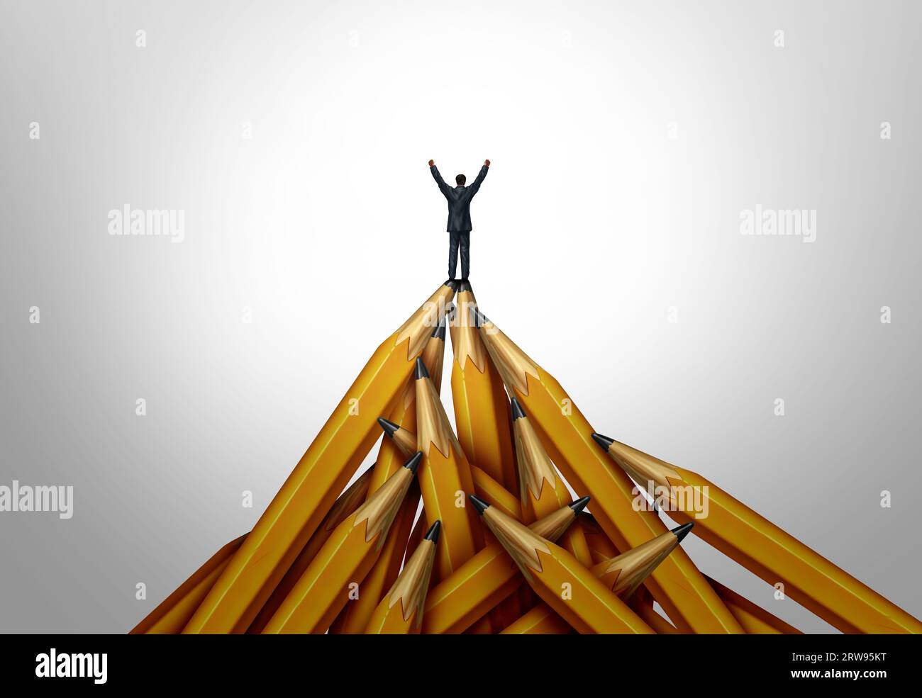 Creative leadership and Entrepreneurial spirit as a leader symbol height of success concept as a group of pencils shaped as a high mountain Stock Photo