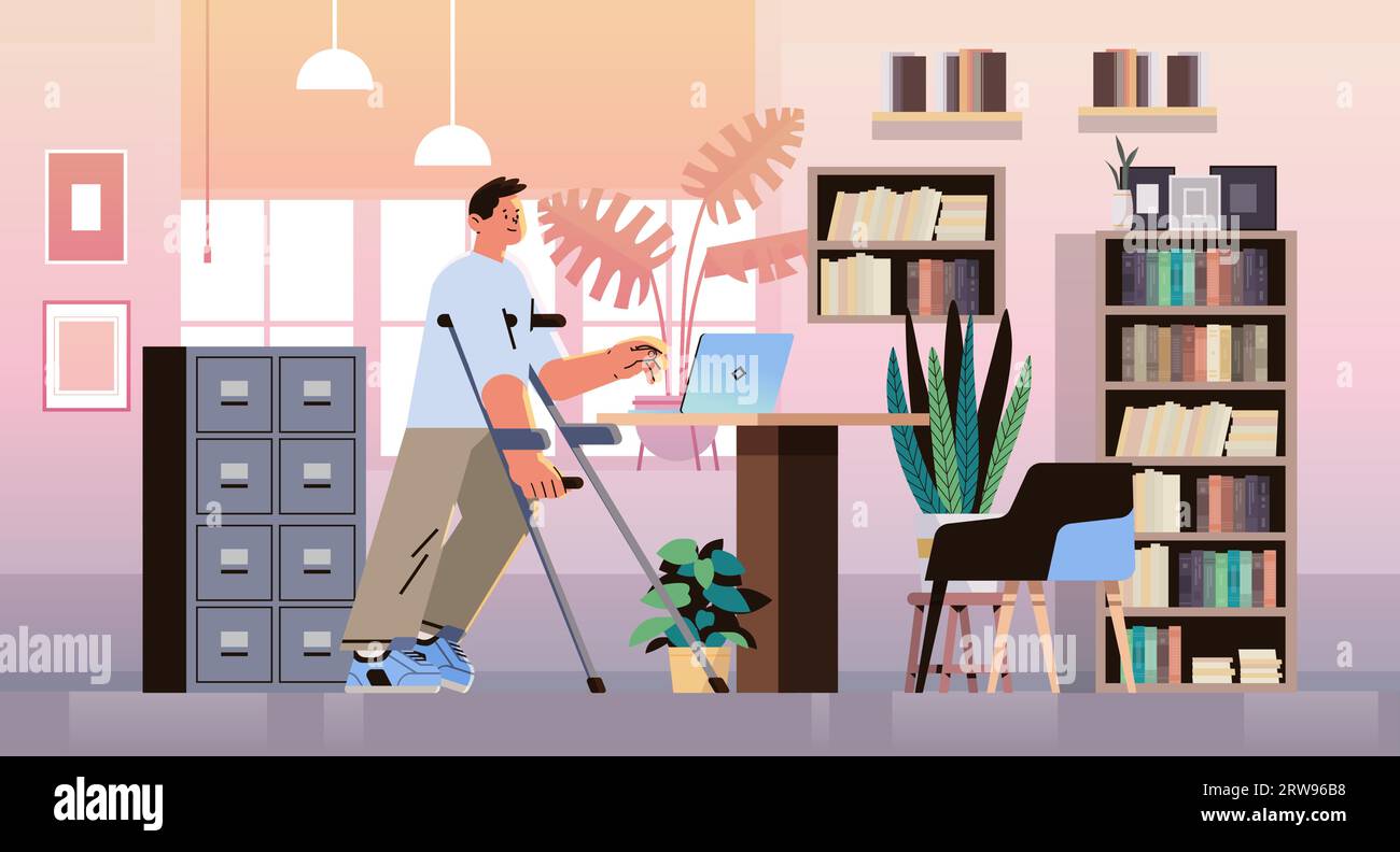 disabled man standing with walking stick in office people with disabilities concept modern