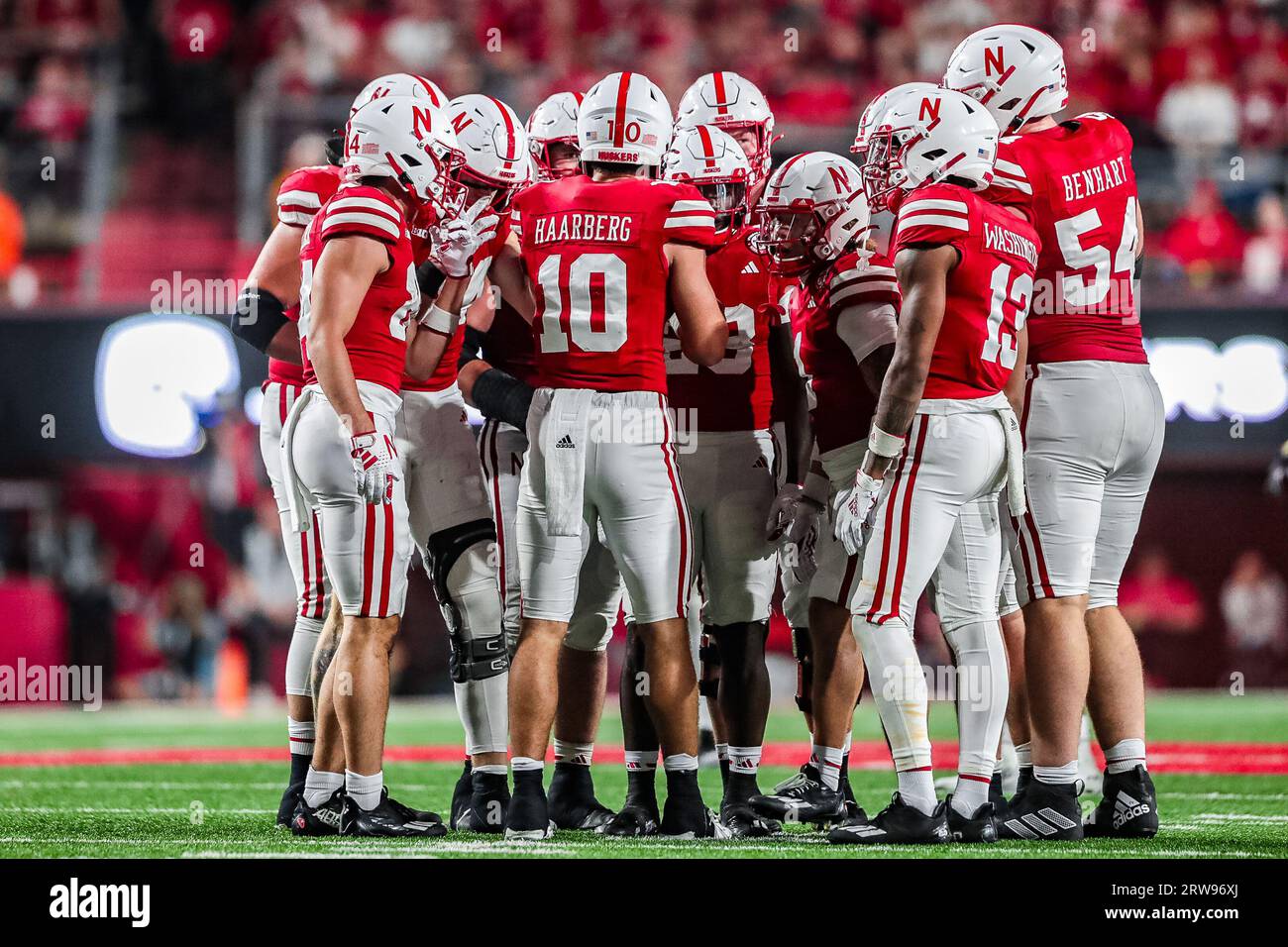 Lincoln, NE, USA. 16th Sep, 2023. NE. U.S. Nebraska Cornhuskers huddle around quarterback Heinrich Haarberg (10) during a NCAA Division 1 football game between Northern Illinois Huskies and the Nebraska Cornhuskers at Memorial Stadium in Lincoln, NE.Nebraska won 35-11.Attendance: 86,875.390th consecutive sellout.Michael Spomer/Cal Sport Media/Alamy Live News Stock Photo