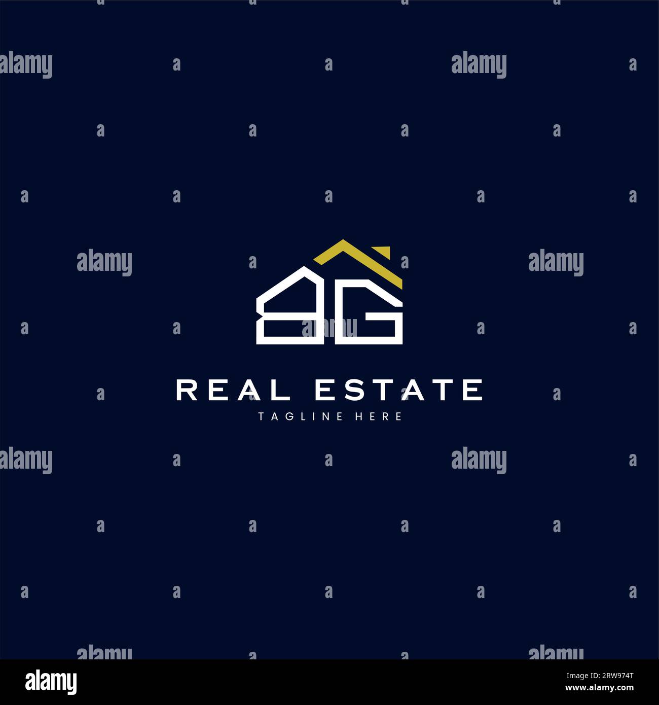 modern BG letter real estate logo in linear style with simple roof building in blue Stock Vector