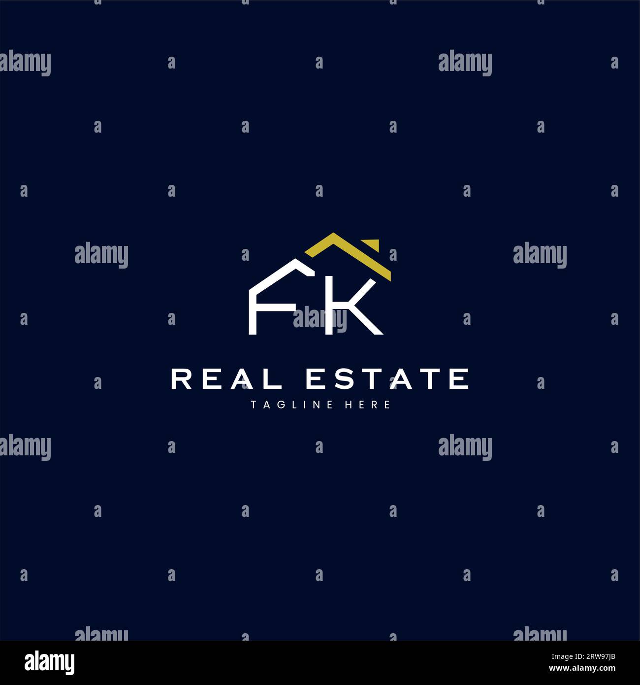 modern FK letter real estate logo in linear style with simple roof building in blue Stock Vector