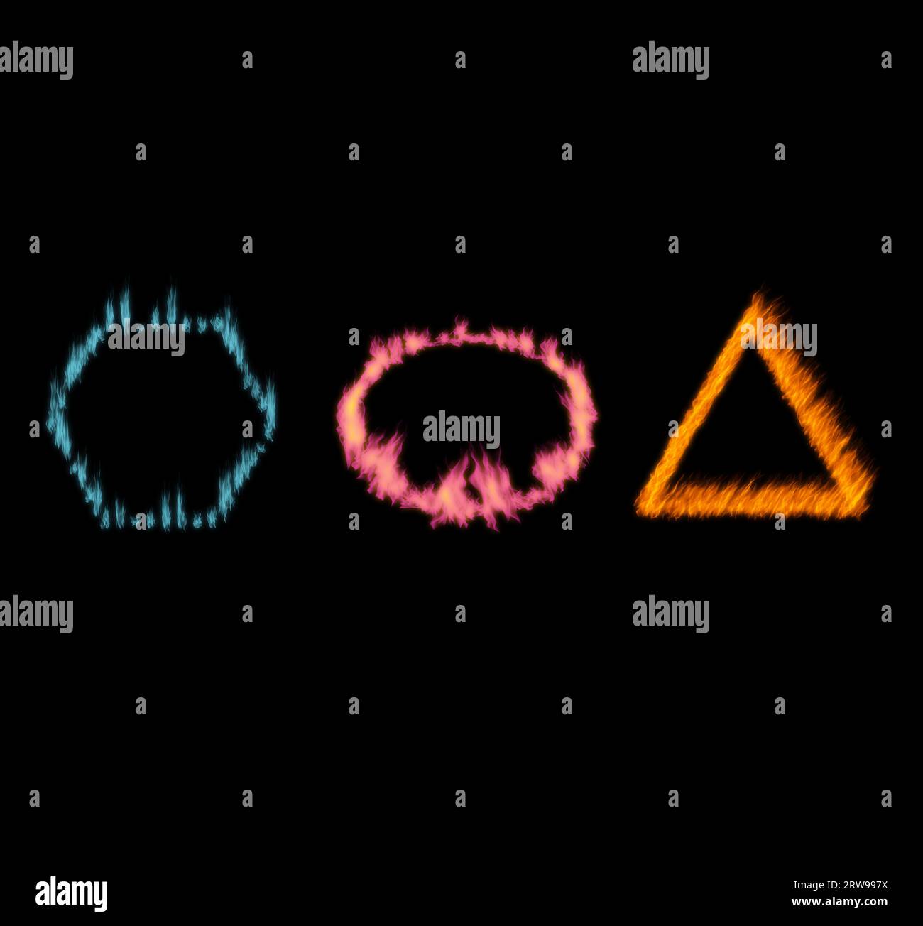 Triangle Flames Sign Fire, heat and shape on black background with circle, triangle and ...