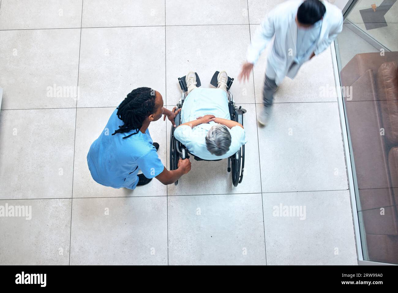 Wheelchair, hospital and patient above with nurse, helping and support