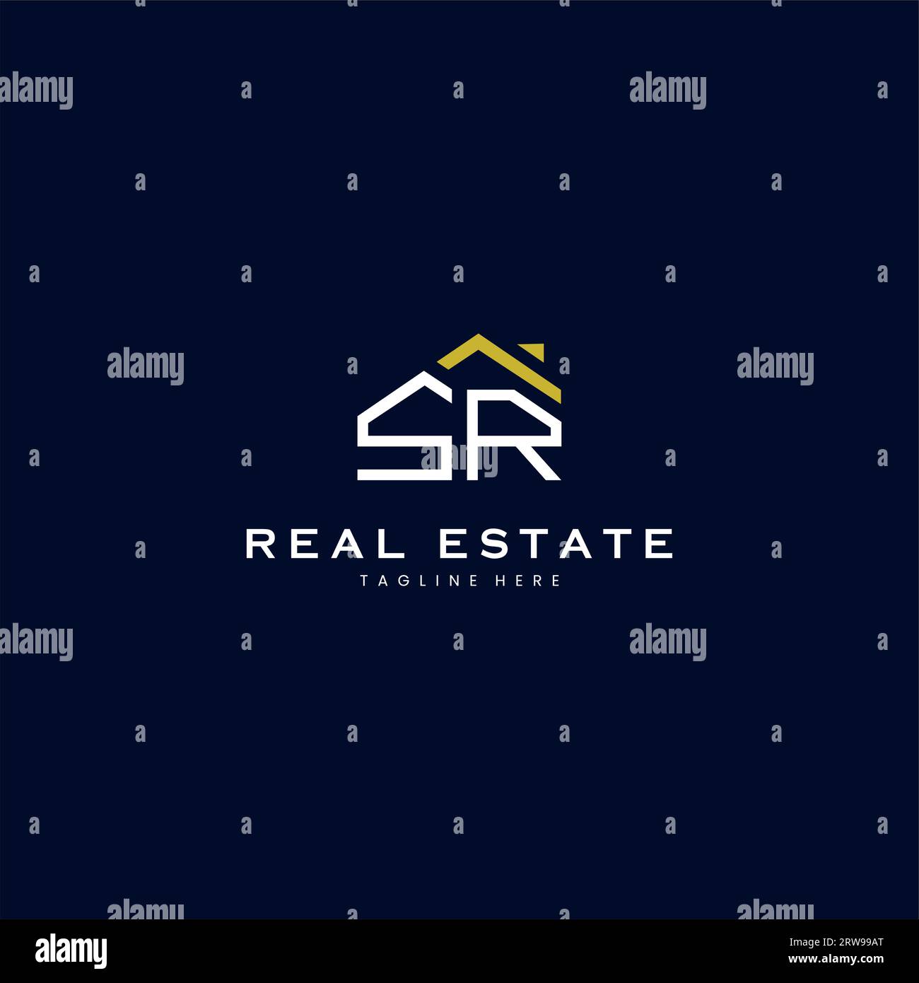 modern SR letter real estate logo in linear style with simple roof building in blue Stock Vector