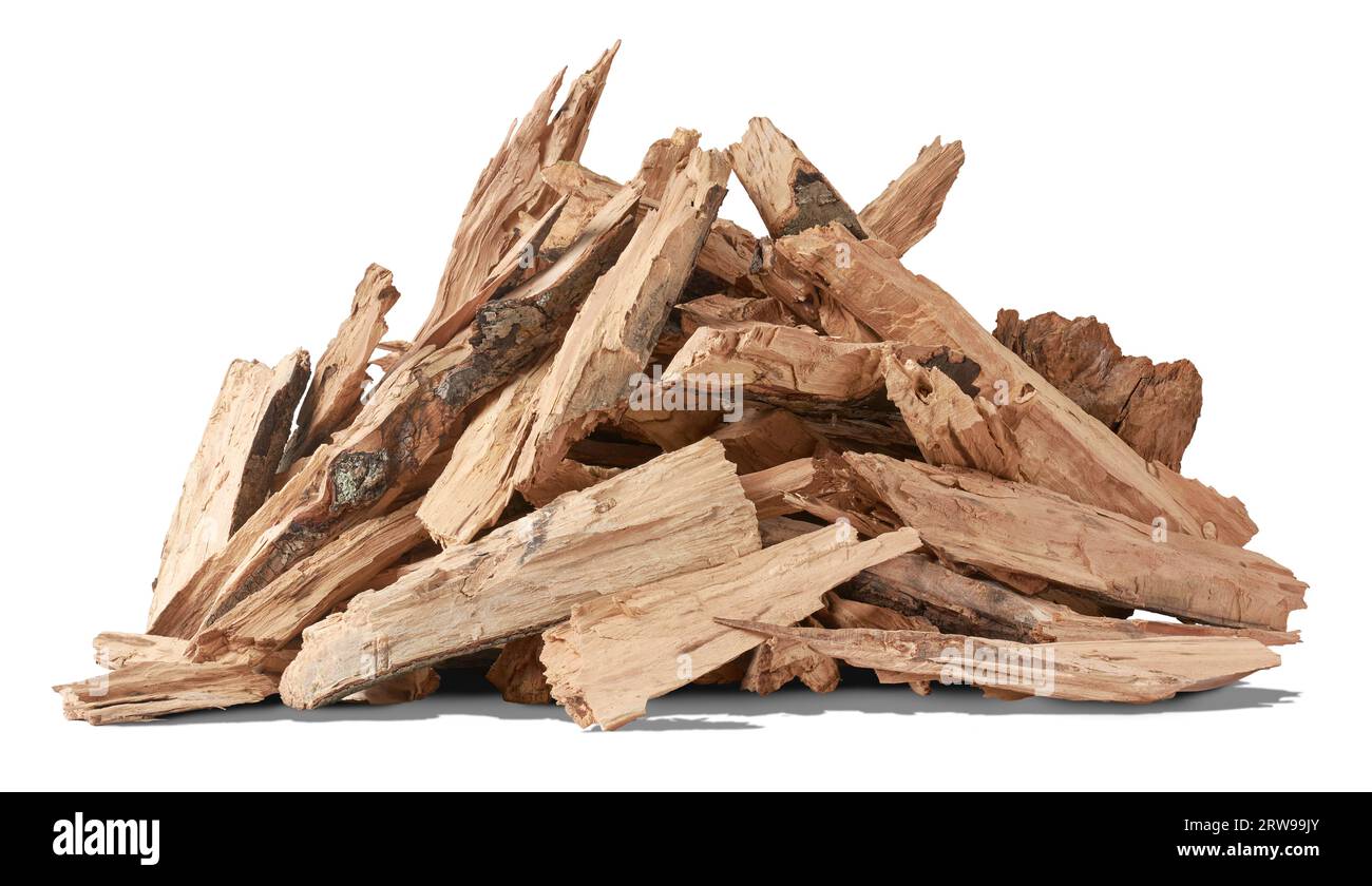 pile of chopped firewood pieces, seasoned hardwood prepared for use as fuel in fireplaces, wood stoves or outdoor fire pits, common source of heat Stock Photo