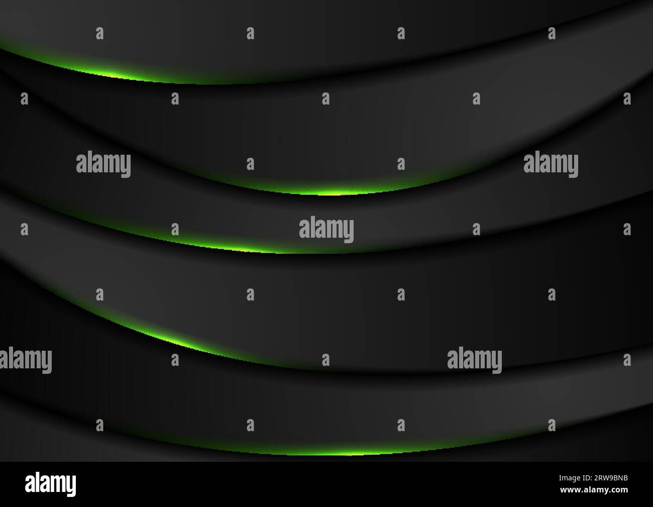 Black abstract wavy background with green neon glow light. Vector ...