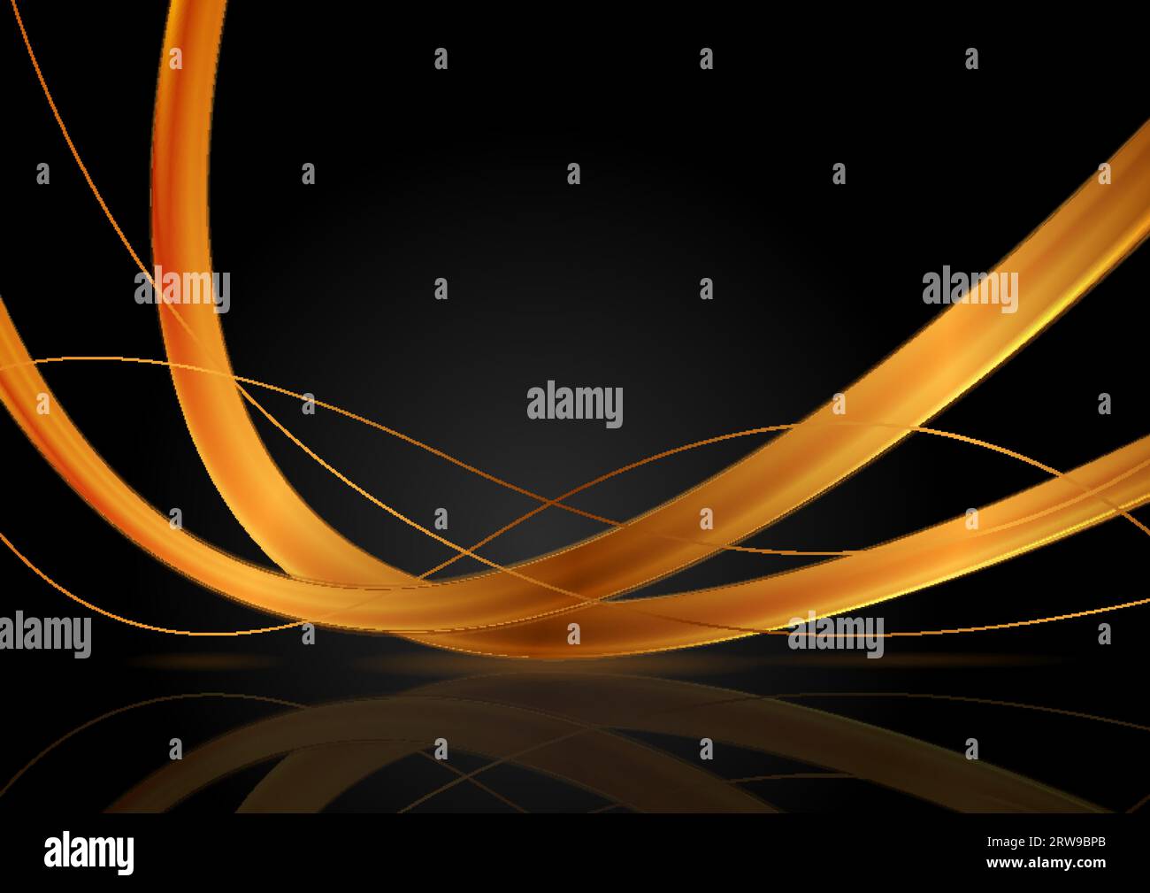 Luxury golden glossy waves on black background with reflection. Vector ...