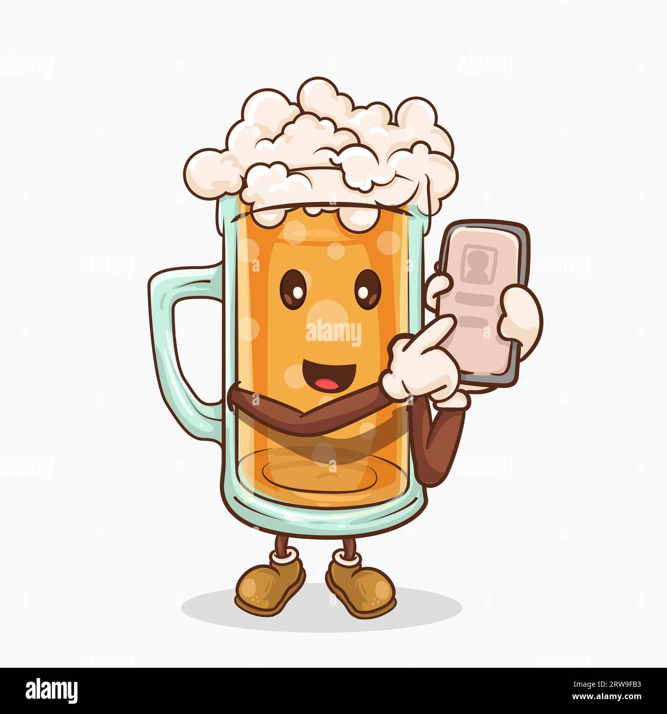 beer glass with kawaii cute face mascot holding smartphone and showing