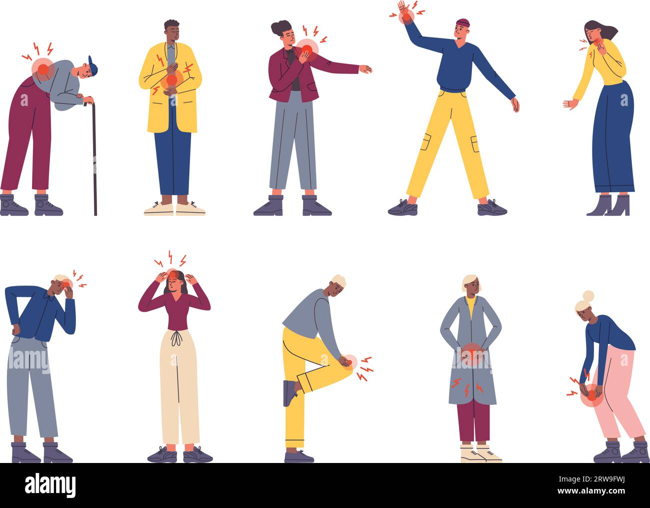 People with pain. Cartoon men or women suffering from aches. Hurt types