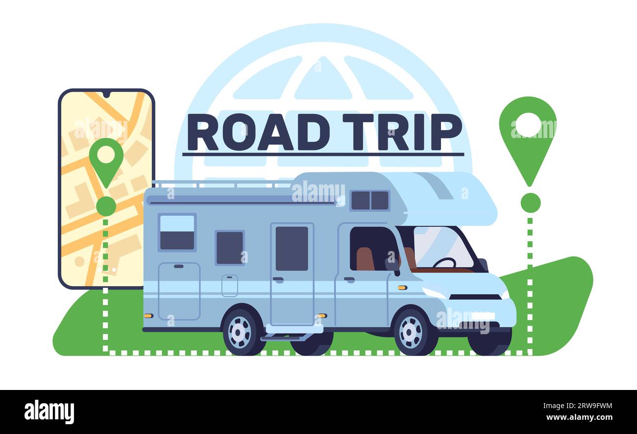 Road trip in motor home around world. Mobile navigation application. Automobile camping van. Map pins. Summer vacation by caravan camper. Car Stock Vector