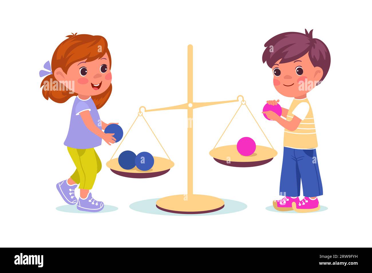 Young children play with scales and different weights. Boy and girl put