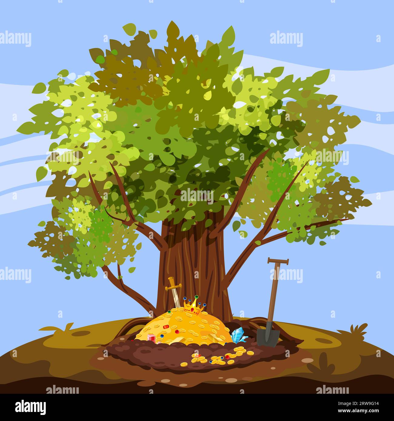 Treasure pile under oak tree, full of treasures, gold coins, Digging