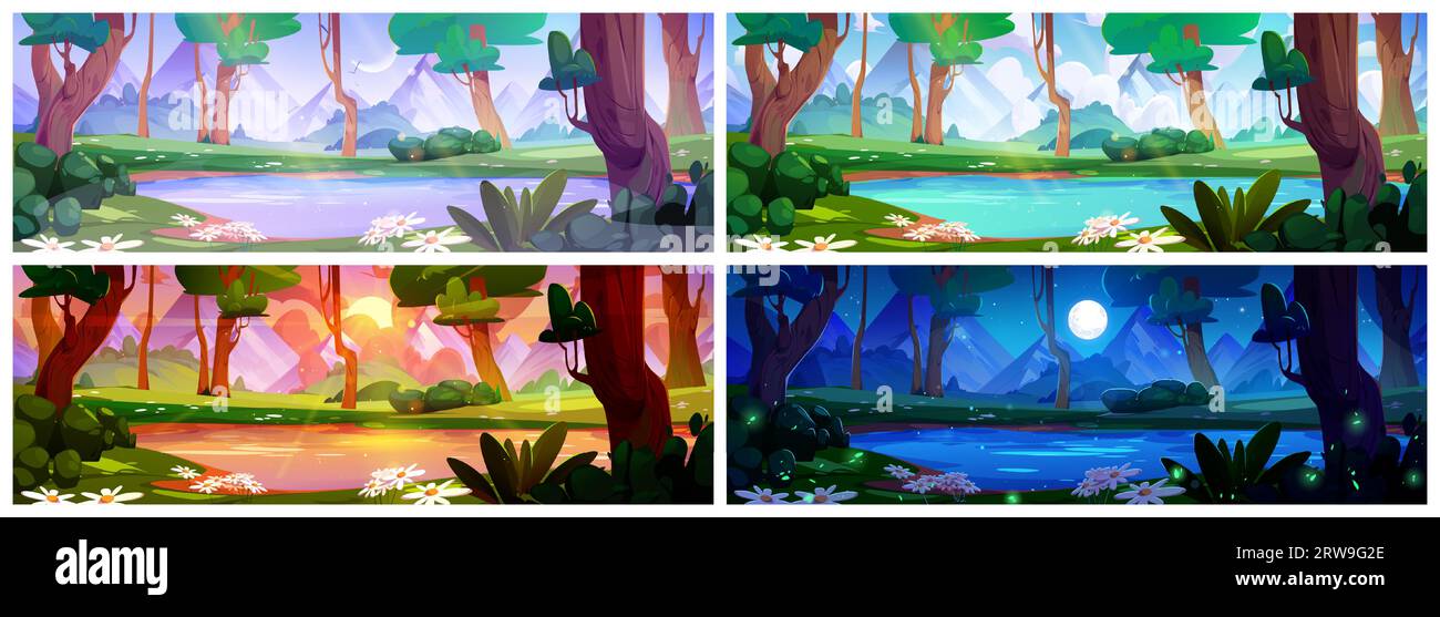 Set of forest lake landscape at different day time. Vector cartoon illustration of beautiful summer woodland in morning and at night, flowers and green trees on river banks, mountain background Stock Vector
