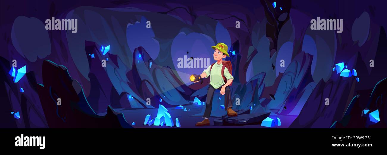 Man looking for crystal treasure inside mine cave cartoon background. Male character explorer underground. Tourist guy in dark fantasy grotto place with gem quartz stone. Under ground canyon tunnel Stock Vector