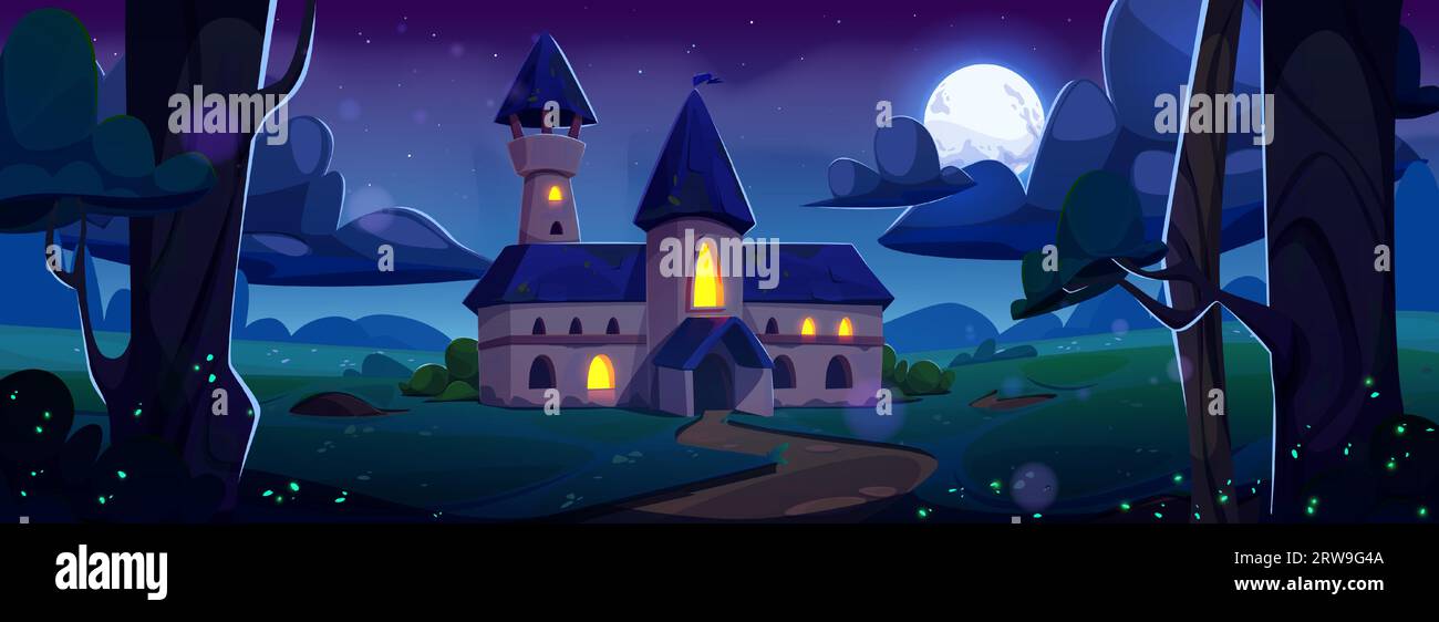 Medieval fantasy castle night cartoon landscape. Magic fairytale gothic kingdom building scene with road, full moon glow and forest tree. Old dirty mystery enchanted game fortress concept background Stock Vector