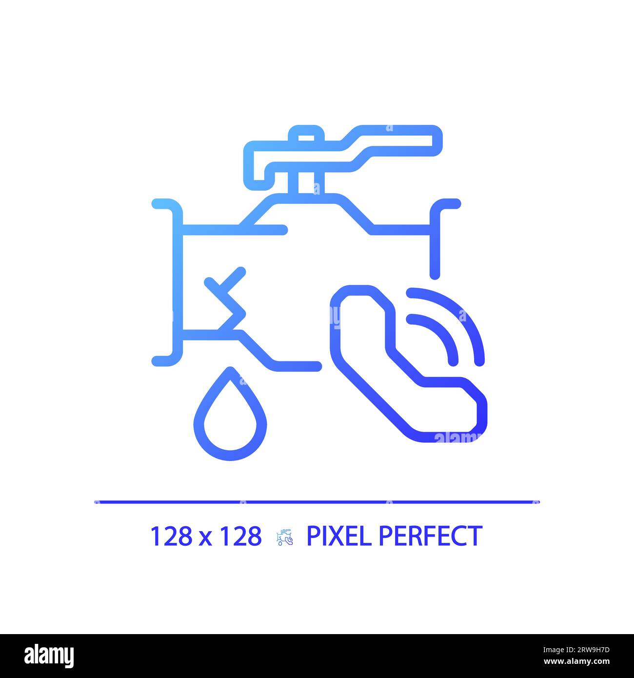 2D simple thin linear blue gradient pipe leakage with call icon Stock Vector