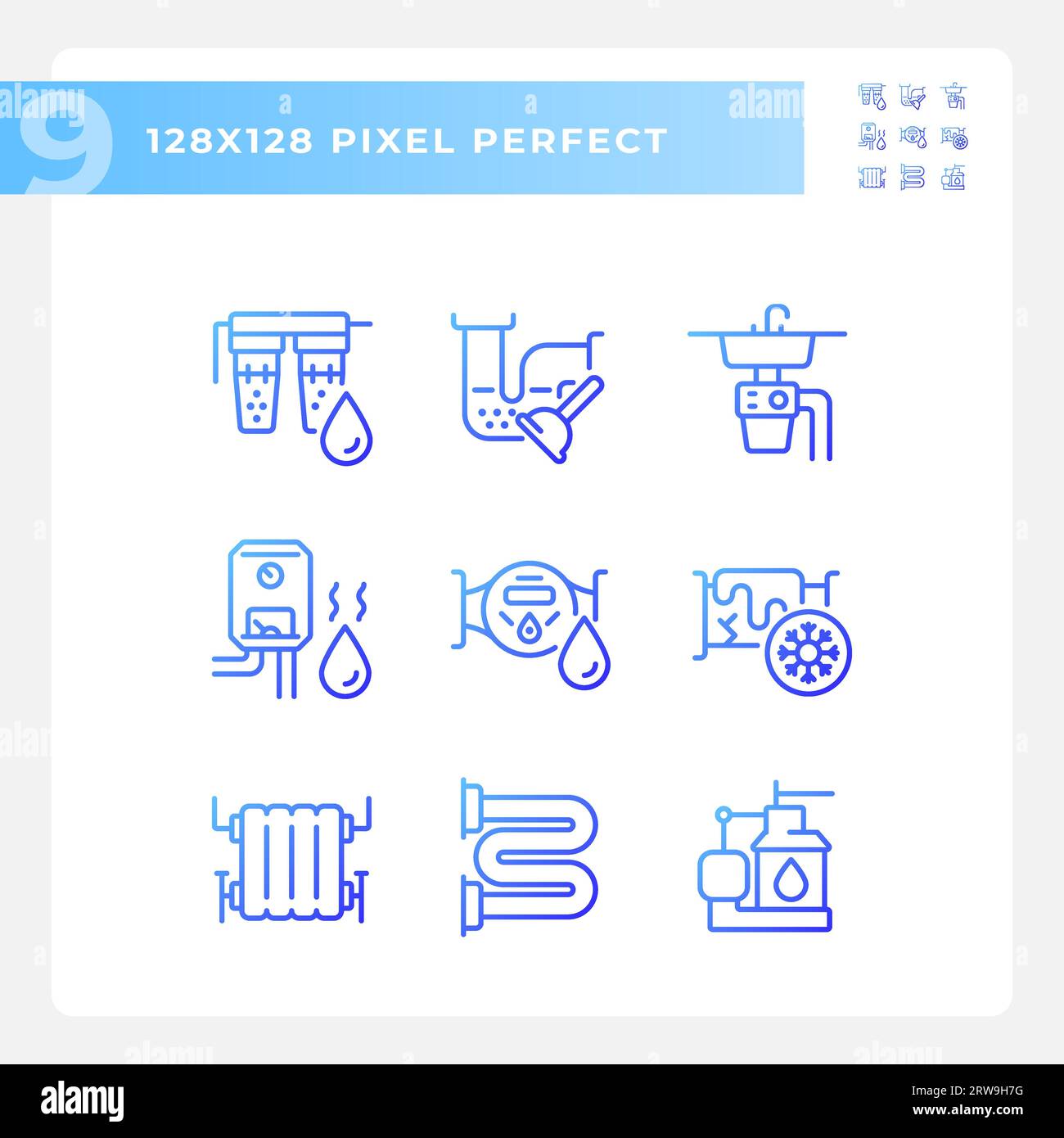 2D gradient pixel perfect blue plumbing icons Stock Vector