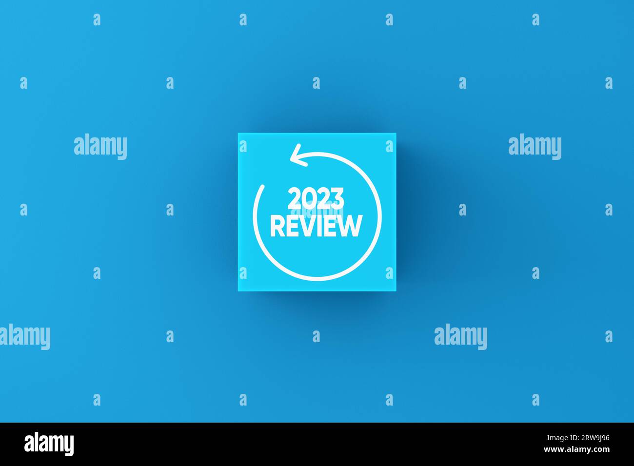 Year 2023 annual business review, analysis and evaluation. The message 2023 review on blue cube. Stock Photo