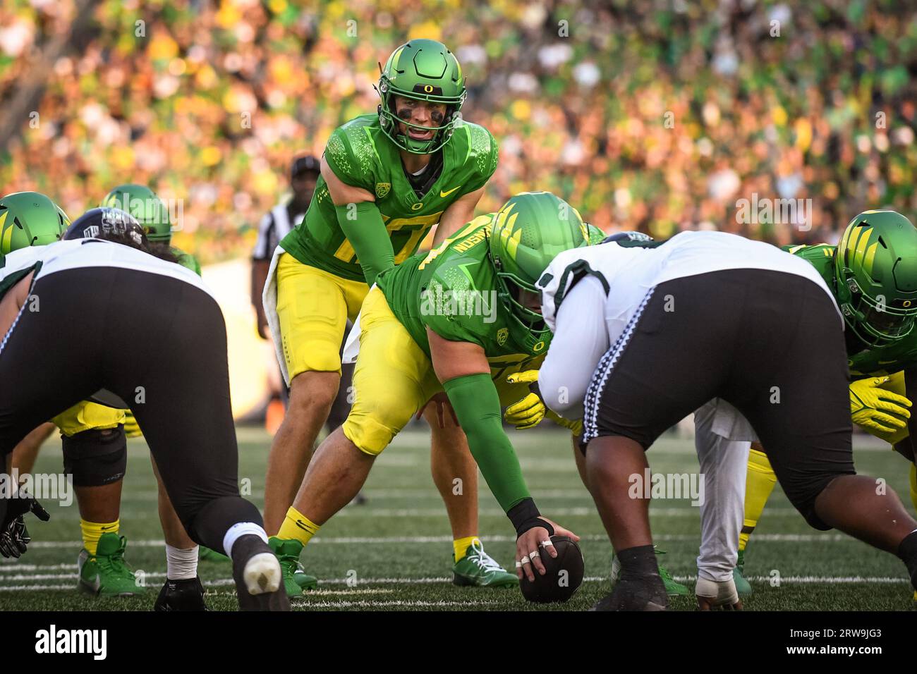 Oregon Ducks quarterback Bo Nix (10) prepares to snap the ball in the