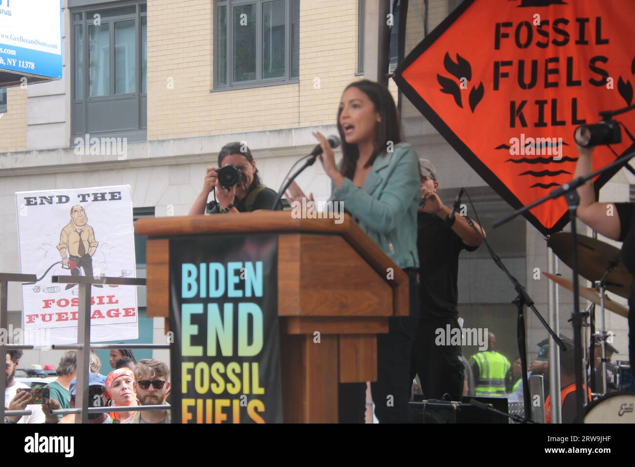2023 March to End Fossil Fuels, 51st St and 1st Ave, Upper East Side, New York, NY USA. Sept 17, 2023. Congresswoman Alexandria Ocasio-Cortez (NY-D) delivers the keynote address at the 2023 March to End Fossil Fuels during 2023 UNGA Week in New York.  Credit: ©Julia Mineeva/EGBN TV News/Alamy Live News Stock Photo