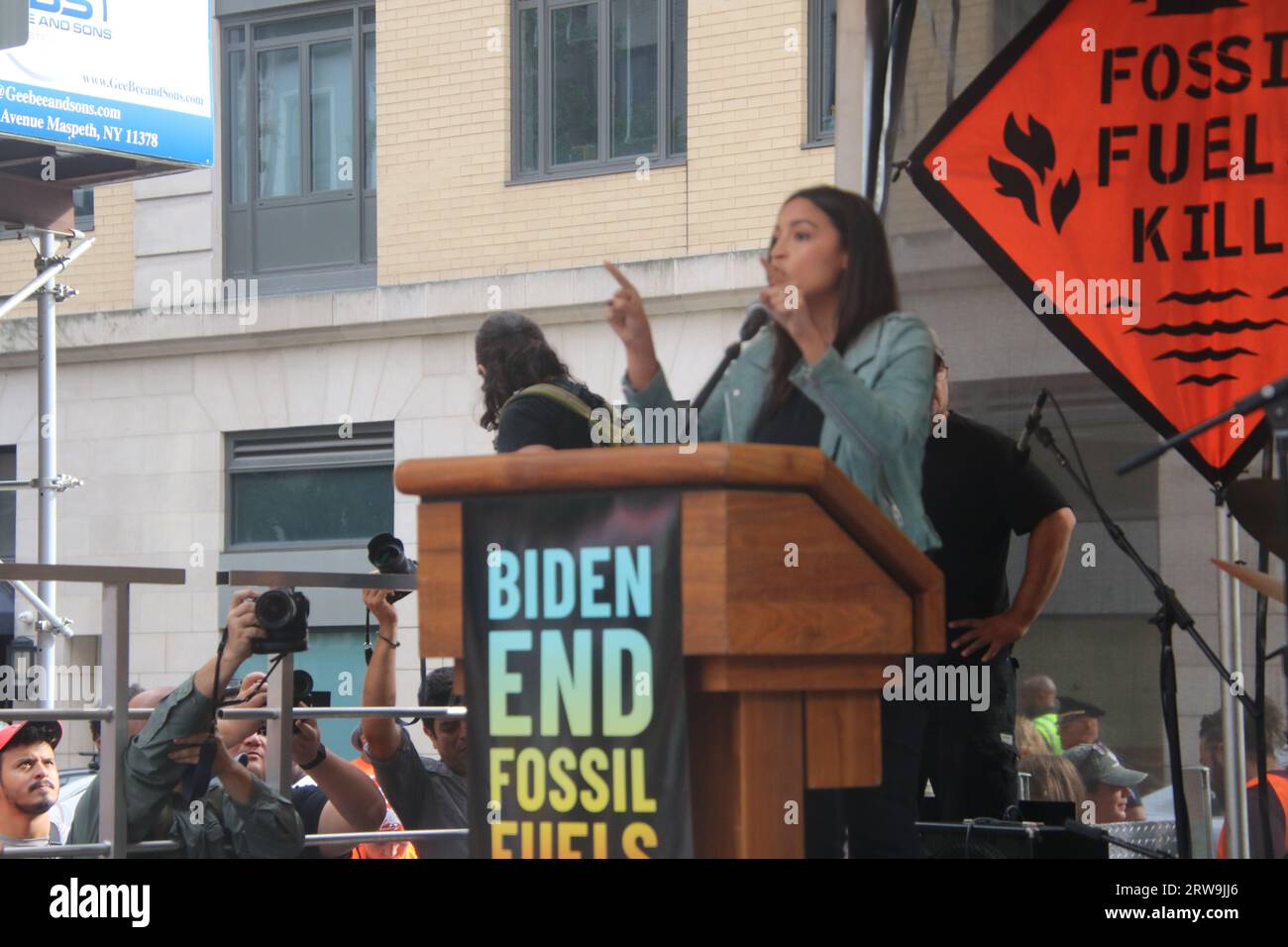2023 March to End Fossil Fuels, 51st St and 1st Ave, Upper East Side, New York, NY USA. Sept 17, 2023. Congresswoman Alexandria Ocasio-Cortez (NY-D) delivers the keynote address at the 2023 March to End Fossil Fuels during 2023 UNGA Week in New York.  Credit: ©Julia Mineeva/EGBN TV News/Alamy Live News Stock Photo