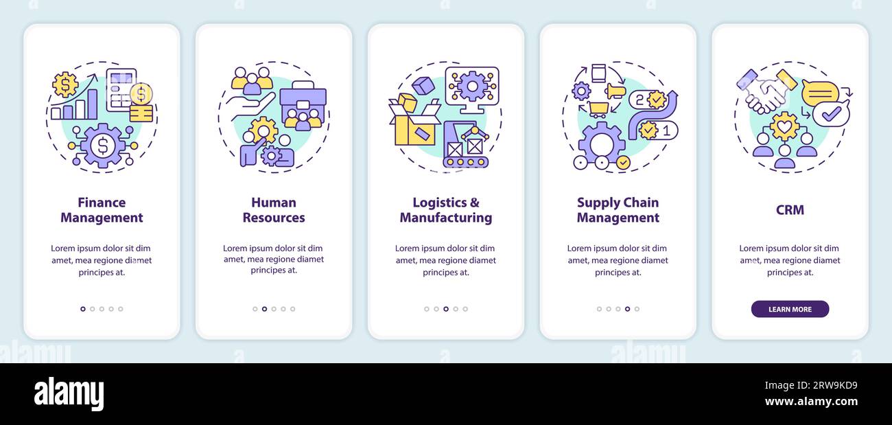 Walkthrough ERP with thin linear icons concept Stock Vector