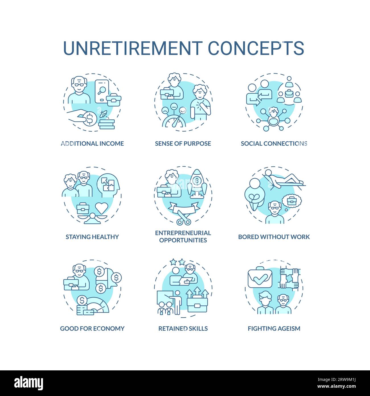 Customizable blue icons representing unretirement concepts Stock Vector