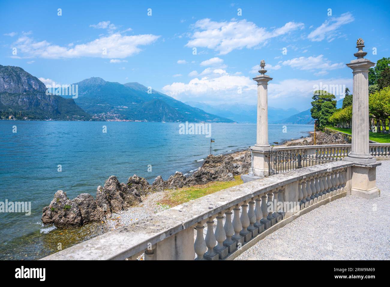 Ornamental gate with roman columns to Como Lake, Italian: Lago di Como, Bellagio, Lombardy, Italy Stock Photo
