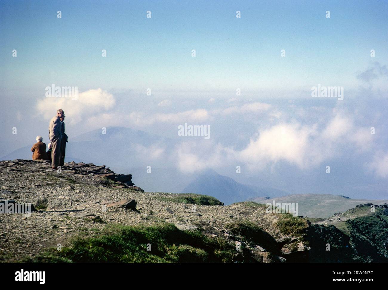 People at summit of Mount Snowdon, Snowdonia, north Wales, Uk 1966 Stock Photo