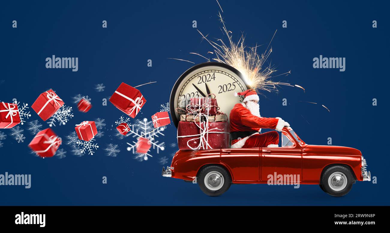 Christmas is coming. Santa Claus on toy car delivering New Year 2024