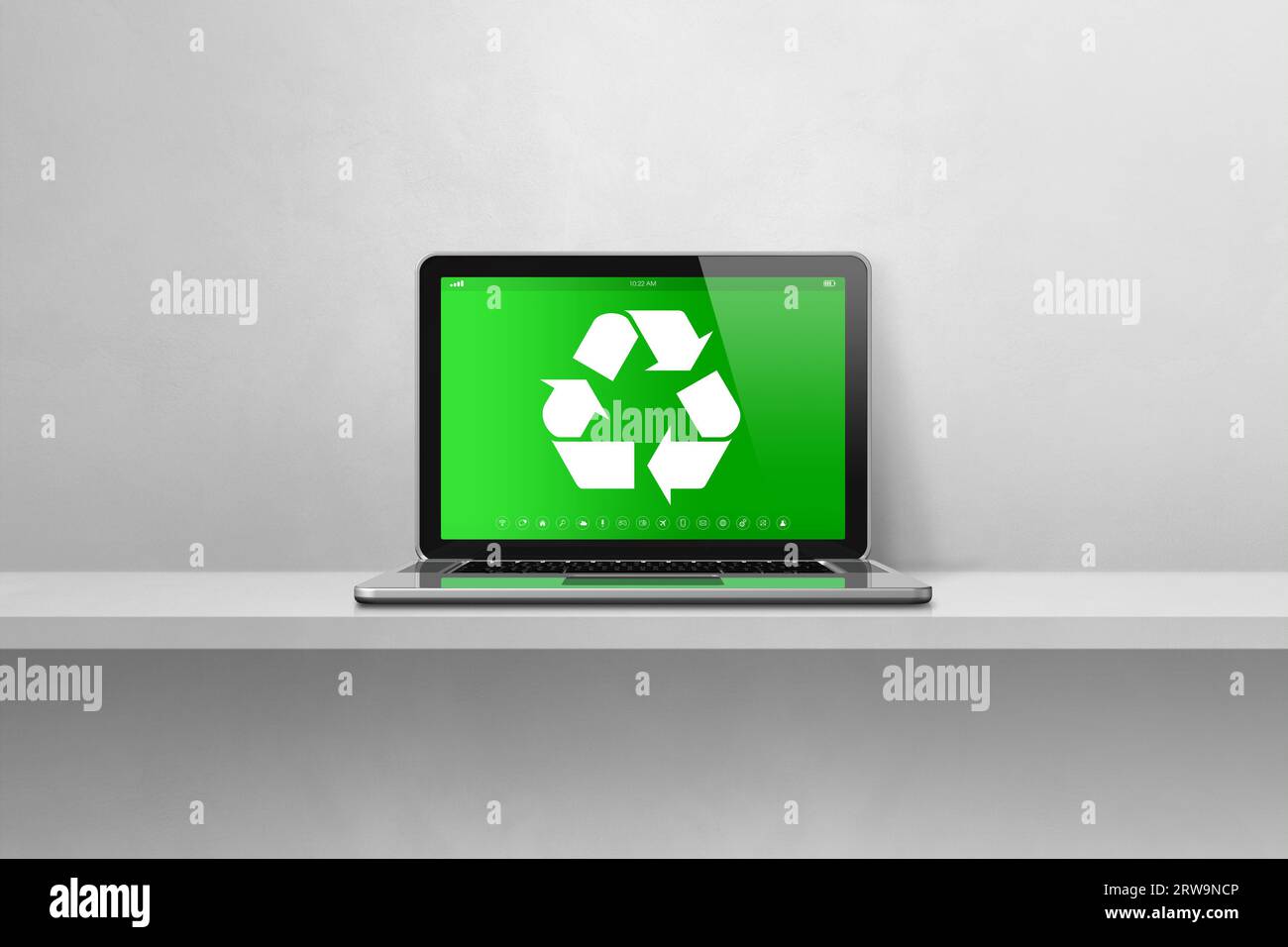 Laptop computer on a shelf with a recycling symbol on screen ...