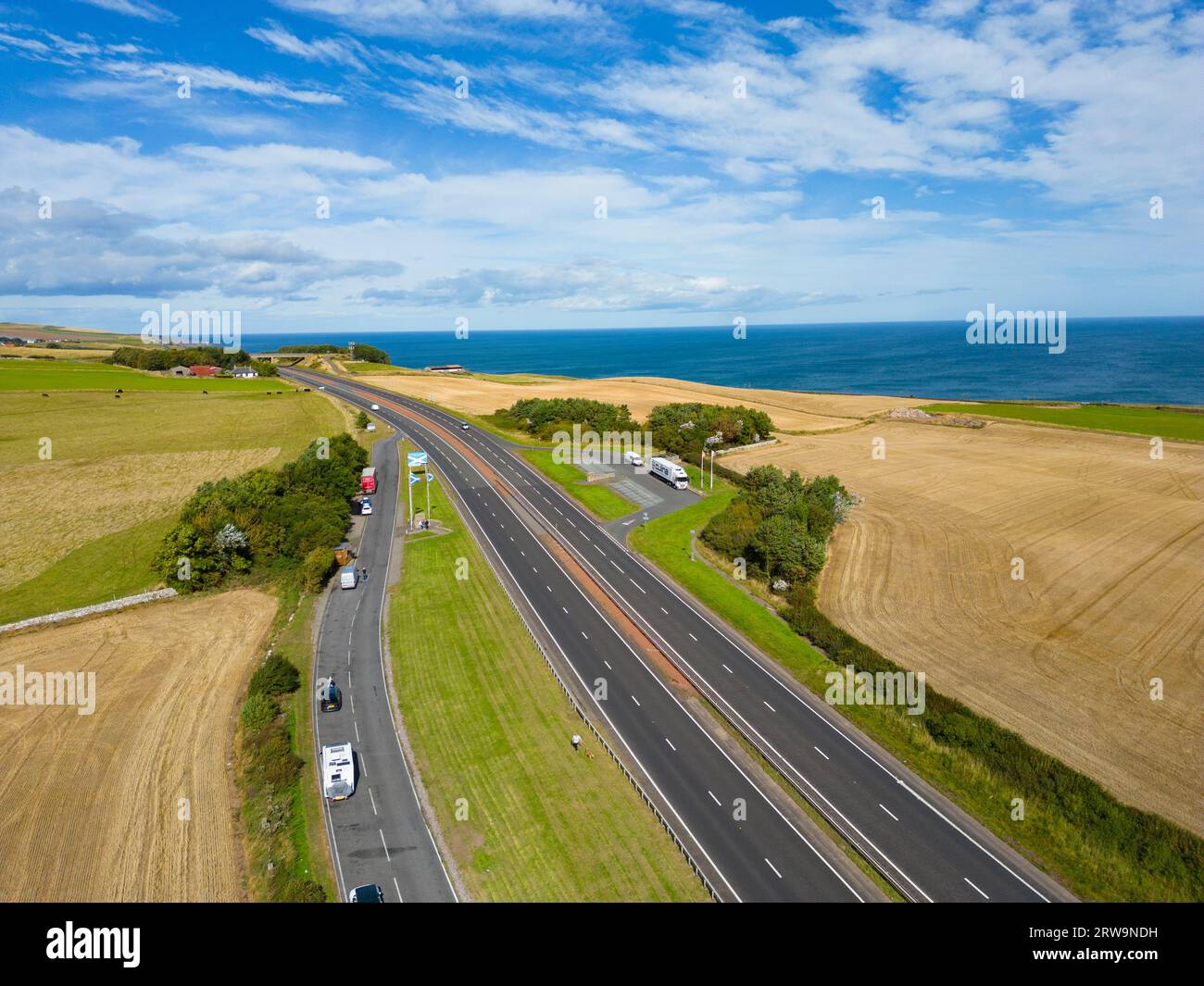 Aerial view of Anglo Scottish ( England /Scotland) border on the A1 at