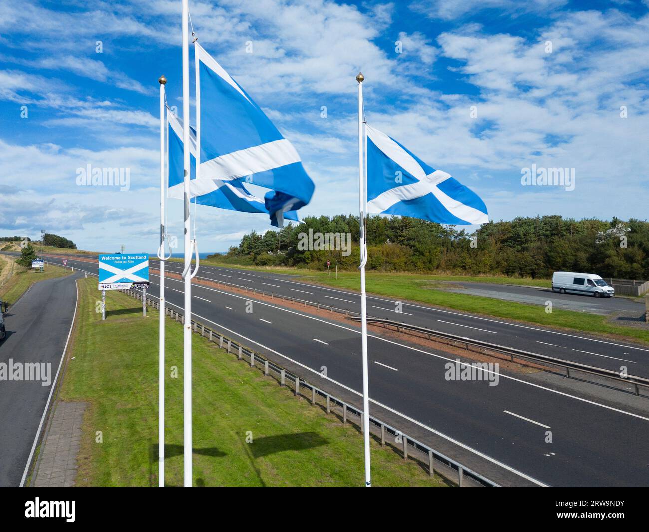Aerial view of Anglo Scottish ( England /Scotland) border on the A1 at