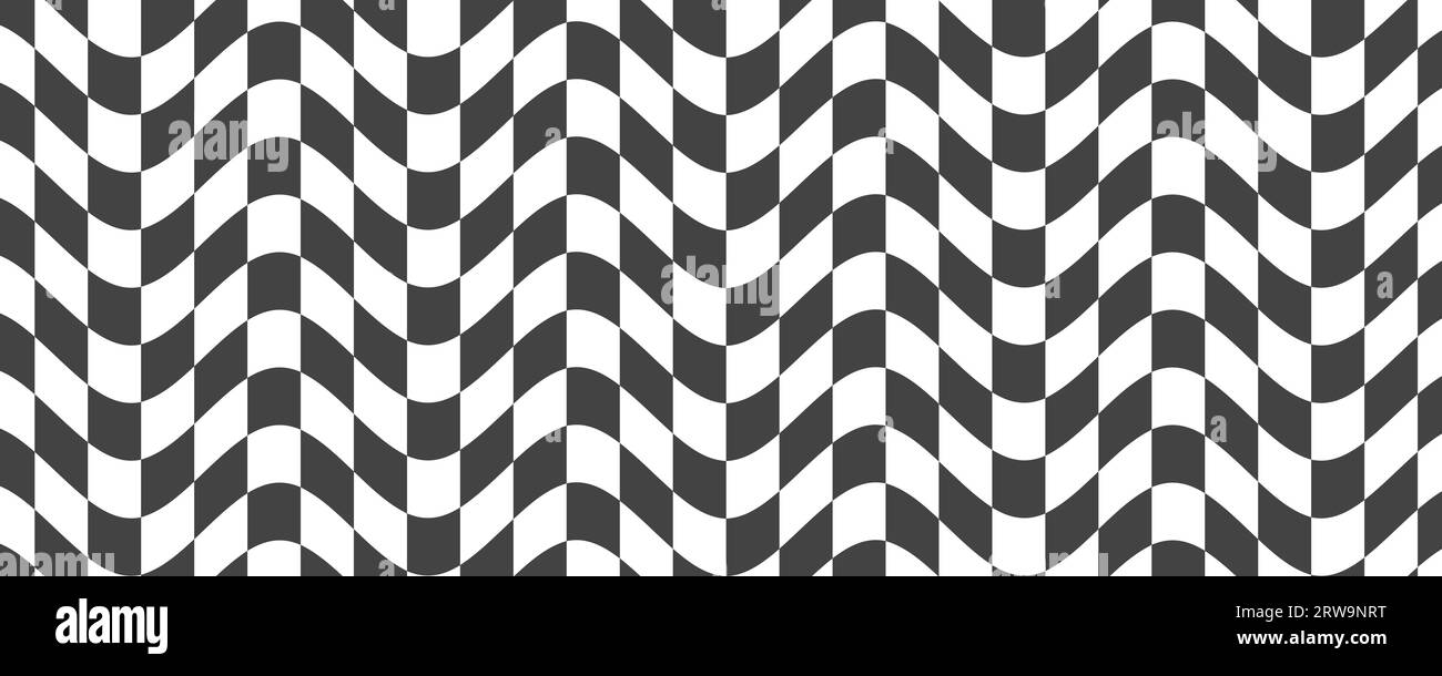 Checkerboard wavy pattern. Abstract chess square print. Black and white psychedelic optical illusion. Warped flag with geometric graphic. Y2k design Stock Vector