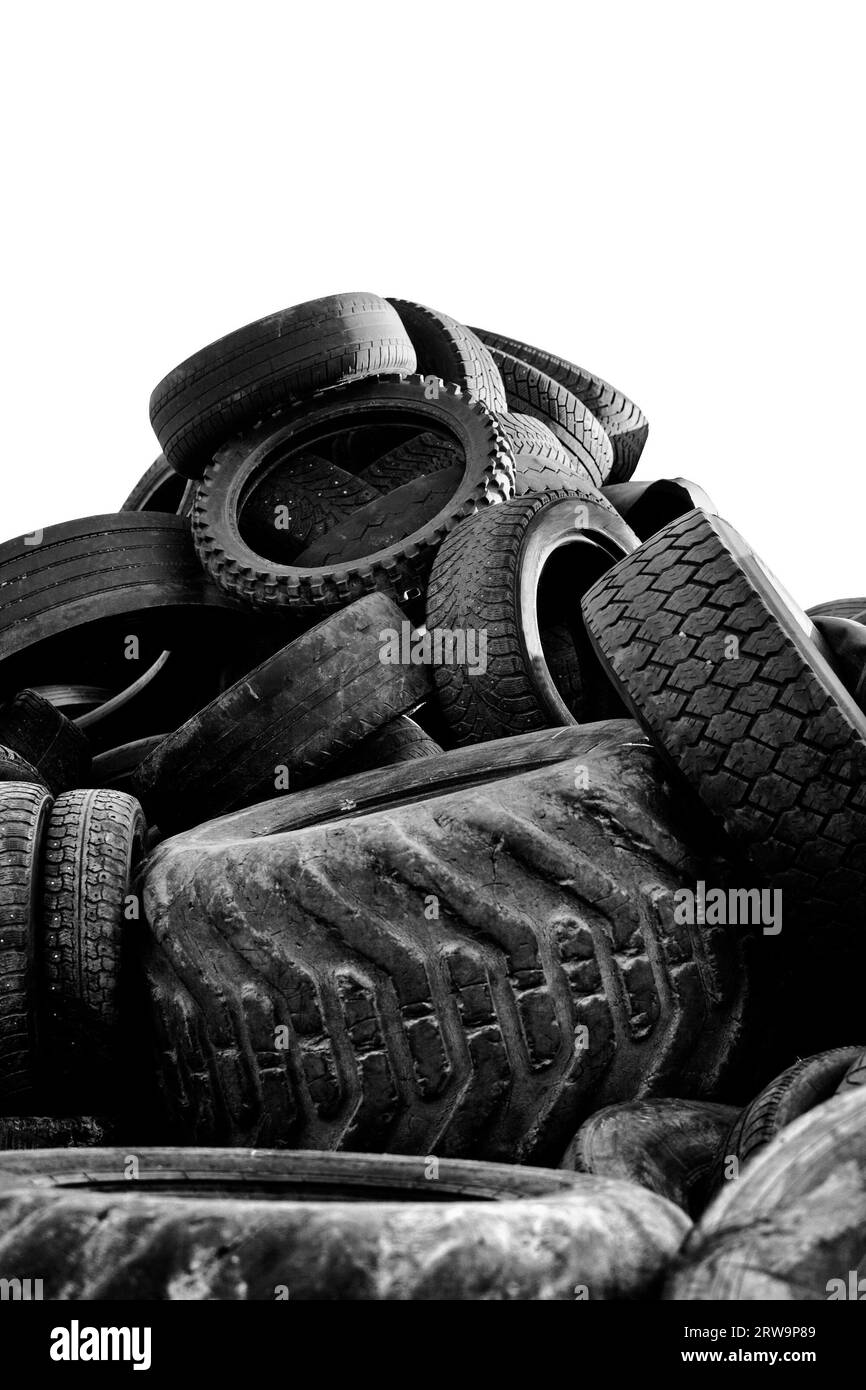 Black and white image of a Heap of old used tires Stock Photo Alamy