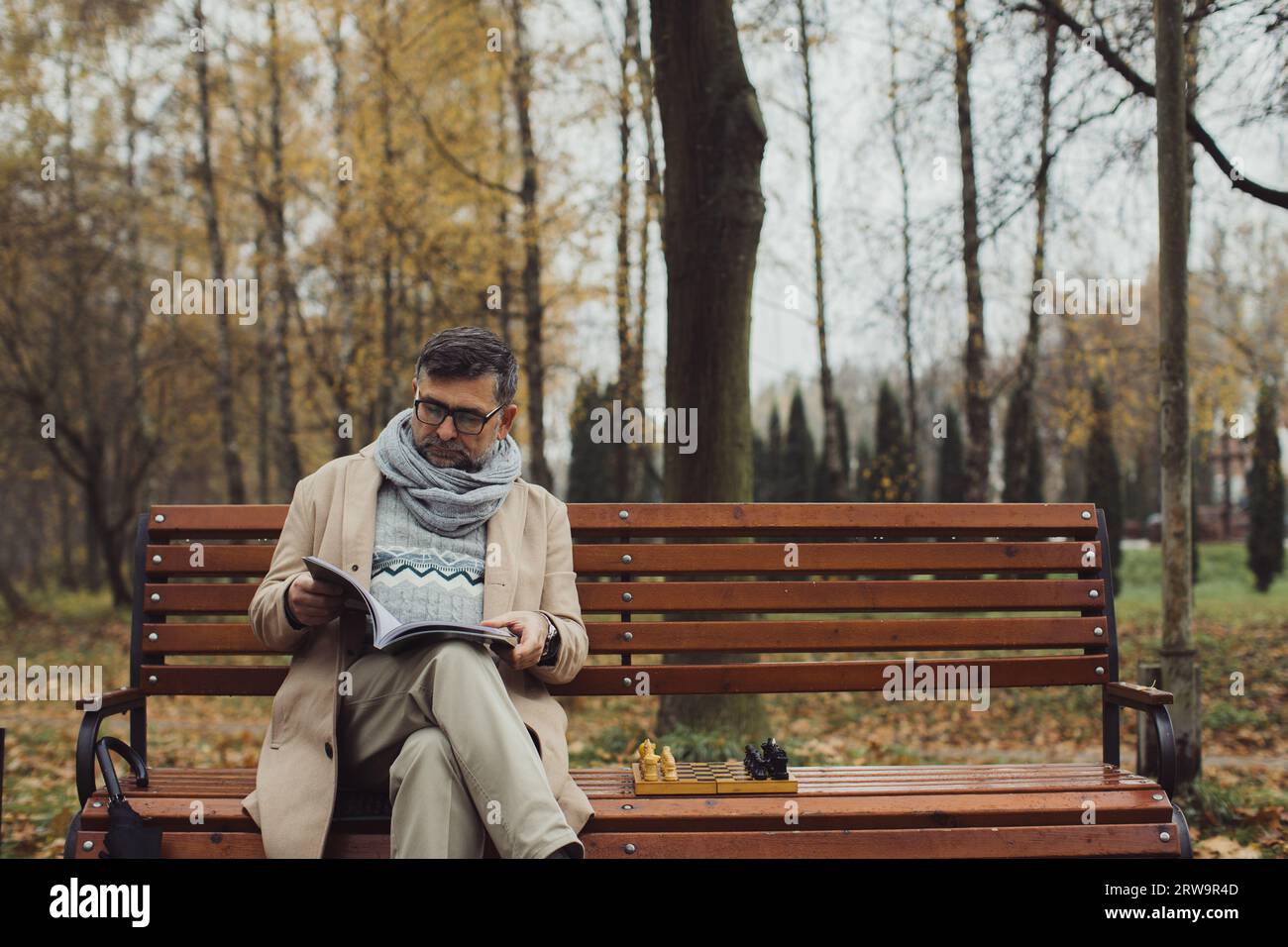 An elderly man reads a magazine while sitting on a bench in an autumn park. A man is waiting for his friend to play chess. Stock Photo