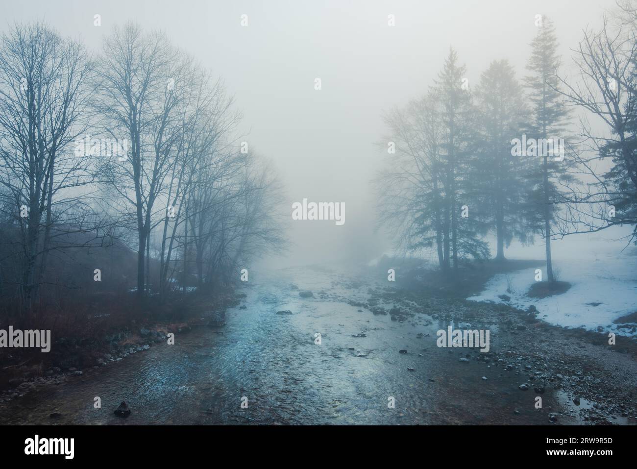 Slovenian Jezernica river in foggy morning. This body of water is one of the shortest rivers in the world, running from lake Bohinj till with Mostnica Stock Photo