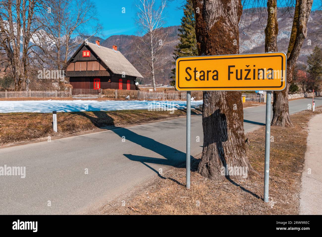 Slovenian town entrance information sign in Stara Fuzina, old village near the lake Bohinj in Triglav national park, selective focus Stock Photo