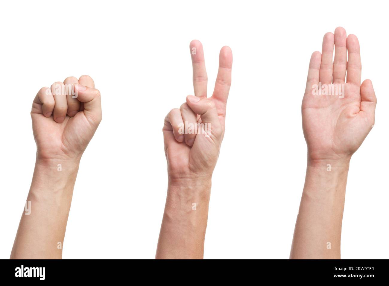Rock Paper Scissors Game Three Hands Isolated On White Background